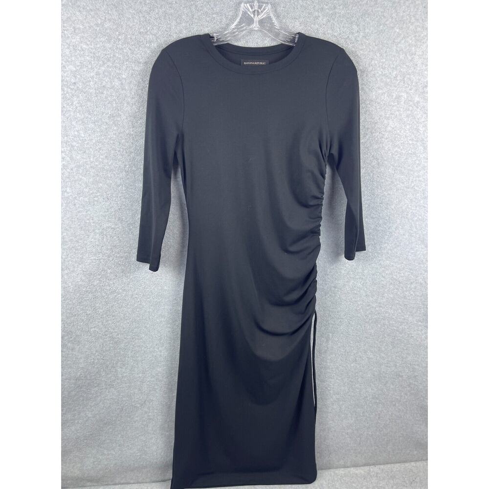 Banana Republic Women Sz XXS Dress 3/4 Sleeve Black w/‎ 1 side seam ruching EUC